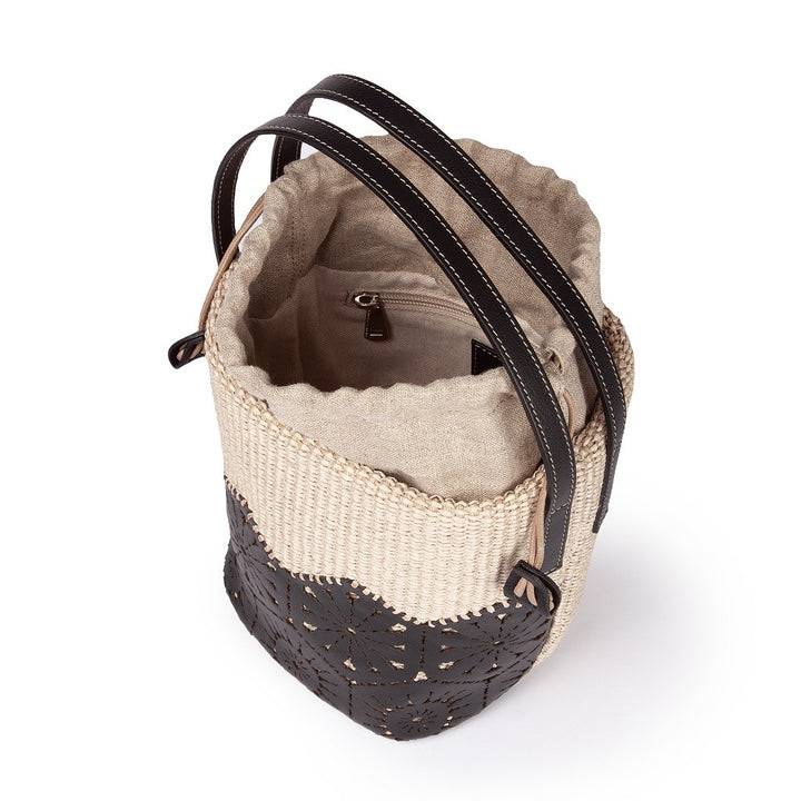 Roberta Gandolfi Giulia Bucket in rafia e pelle il pannello tagliato al laser è interamente cucito a mano con tracolla staccabile Soddisfazione Garantita