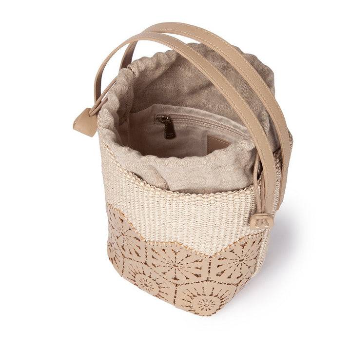 Roberta Gandolfi Giulia Bucket in rafia e pelle il pannello tagliato al laser è interamente cucito a mano con tracolla staccabile Qualità Garantita
