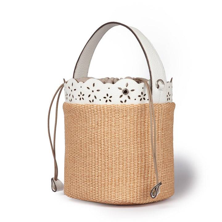Roberta Gandolfi Diletta Bucket in rafia con balza in pelle laserata con tracolla staccabile Sconto
