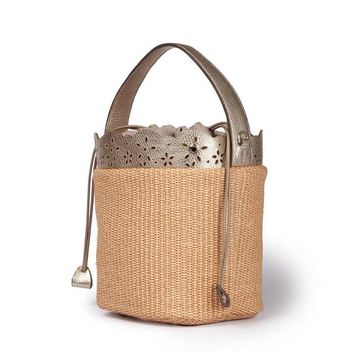 Roberta Gandolfi Diletta Bucket in rafia con balza in pelle laserata con tracolla staccabile Economico