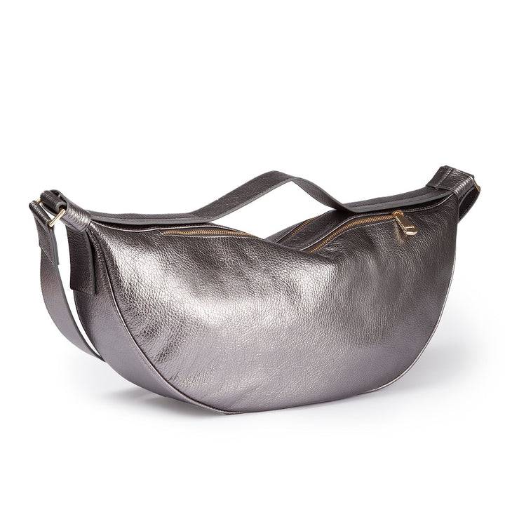 Roberta Gandolfi Micol Banana cross body in vitello martellato metal con tracolla regolabile Saldi Di Fabbrica