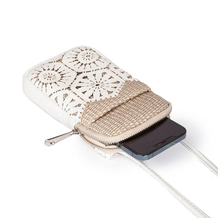 Roberta Gandolfi Giulia phone holder in rafia e pelle il pannello tagliato al laser è interamente cucito a mano con tracolla staccabile Fino Al -60%