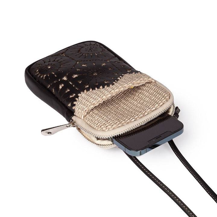 Roberta Gandolfi Giulia phone holder in rafia e pelle il pannello tagliato al laser è interamente cucito a mano con tracolla staccabile Affare Del Giorno