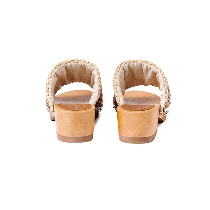 Roberta Gandolfi Sandalo Giulia platform in legno e tomaia in rafia e pelle di vitello laserata con disegno pizzo geometrico Novità