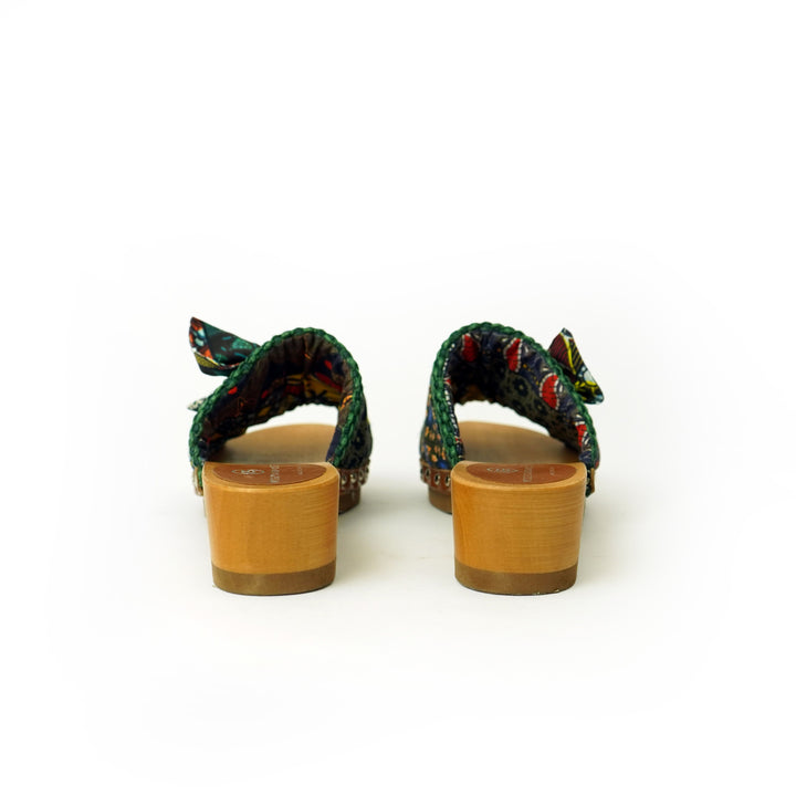 Roberta Gandolfi Lola Sabot sandali in legno con rafia e pelle di vitello con fiocco stampa african Sconto