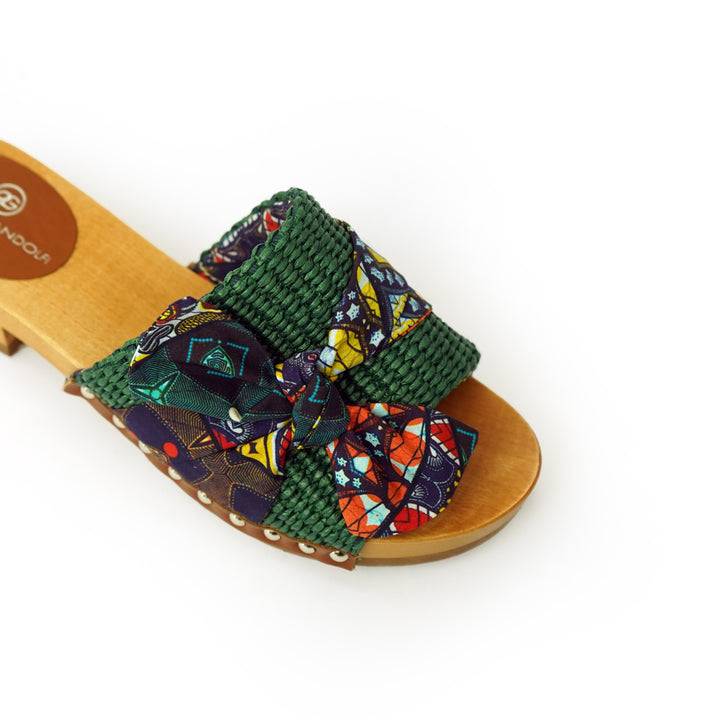 Roberta Gandolfi Lola Sabot sandali in legno con rafia e pelle di vitello con fiocco stampa african Sconto