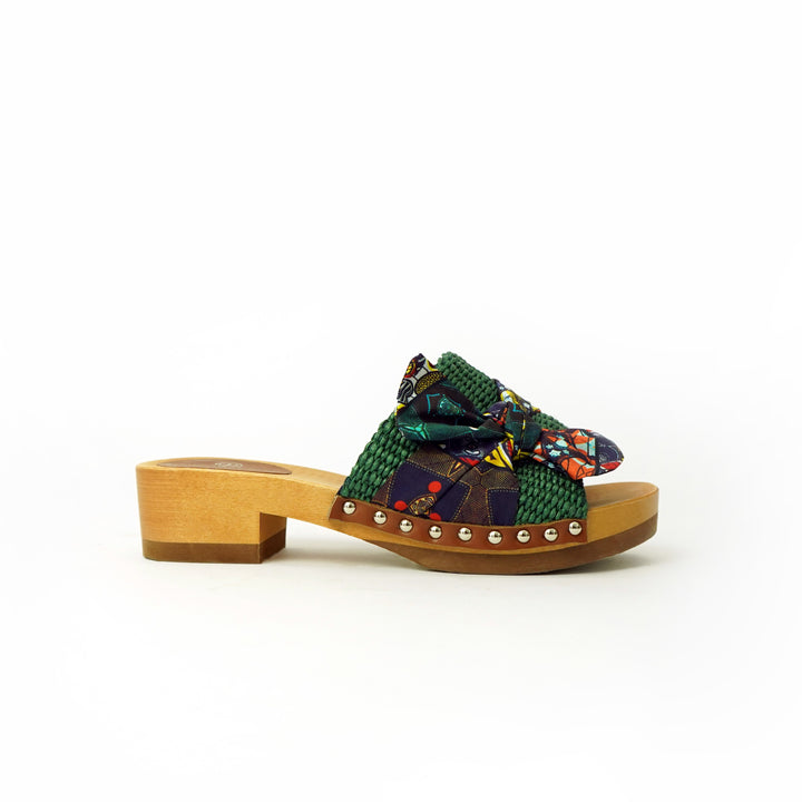 Roberta Gandolfi Lola Sabot sandali in legno con rafia e pelle di vitello con fiocco stampa african Sconto