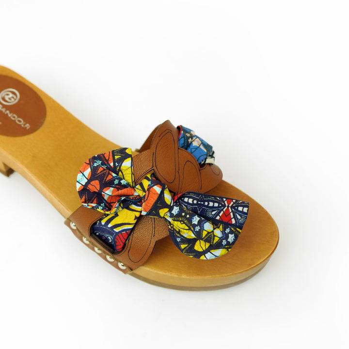 Roberta Gandolfi Lola Chain sandali in legno e pelle di vitello con fiocco stampa african Economico