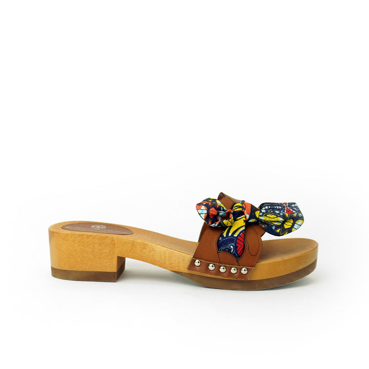 Roberta Gandolfi Lola Chain sandali in legno e pelle di vitello con fiocco stampa african Economico