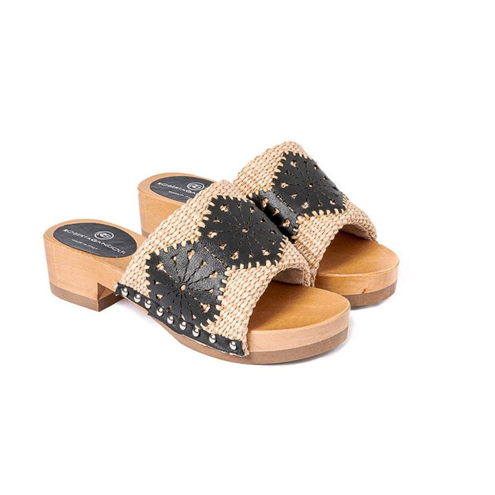 Roberta Gandolfi Sandalo Giulia platform in legno e tomaia in rafia e pelle di vitello laserata con disegno pizzo geometrico