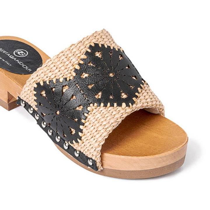 Roberta Gandolfi Sandalo Giulia platform in legno e tomaia in rafia e pelle di vitello laserata con disegno pizzo geometrico Online