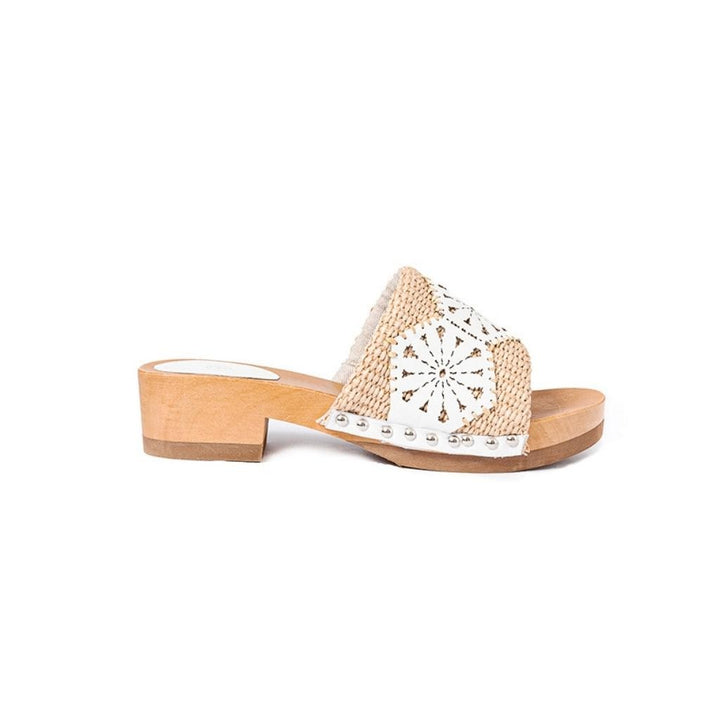 Roberta Gandolfi Sandalo Giulia platform in legno e tomaia in rafia e pelle di vitello laserata con disegno pizzo geometrico Outlet