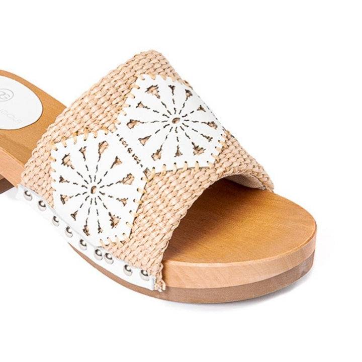 Roberta Gandolfi Sandalo Giulia platform in legno e tomaia in rafia e pelle di vitello laserata con disegno pizzo geometrico Outlet