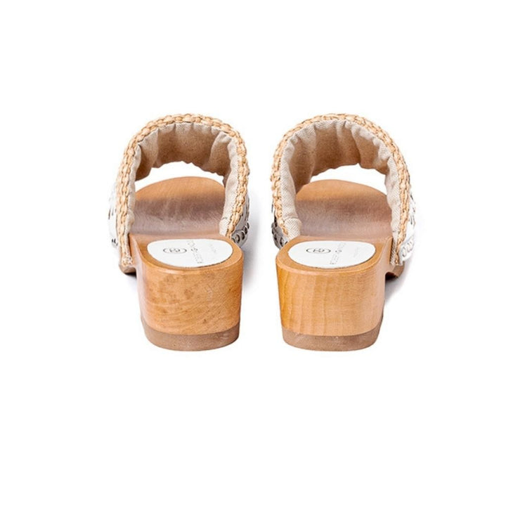 Roberta Gandolfi Sandalo Giulia platform in legno e tomaia in rafia e pelle di vitello laserata con disegno pizzo geometrico Outlet