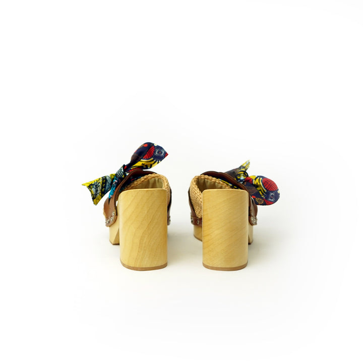 Roberta Gandolfi Diva Chain sandali in legno incrociato con platform in rafia e fiocco stamap african Saldi