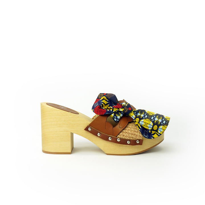 Roberta Gandolfi Diva Chain sandali in legno incrociato con platform in rafia e fiocco stamap african Saldi