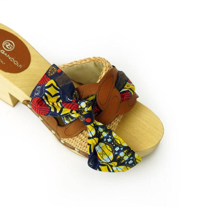 Roberta Gandolfi Diva Chain sandali in legno incrociato con platform in rafia e fiocco stamap african Saldi