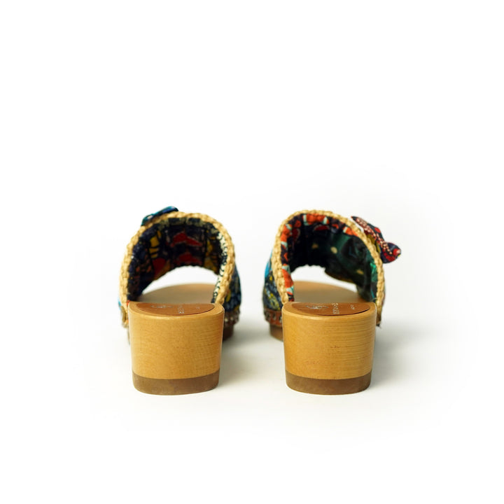 Roberta Gandolfi Lola Sabot sandali in legno con rafia e pelle di vitello con fiocco stampa african Hotsell