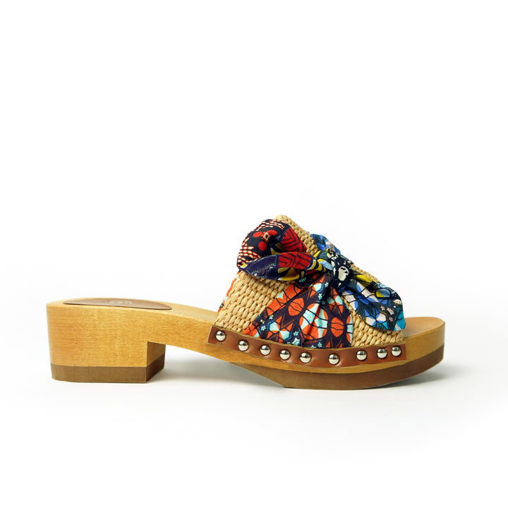 Roberta Gandolfi Lola Sabot sandali in legno con rafia e pelle di vitello con fiocco stampa african Hotsell
