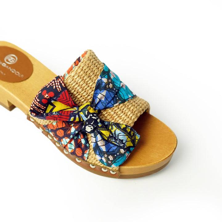 Roberta Gandolfi Lola Sabot sandali in legno con rafia e pelle di vitello con fiocco stampa african Hotsell
