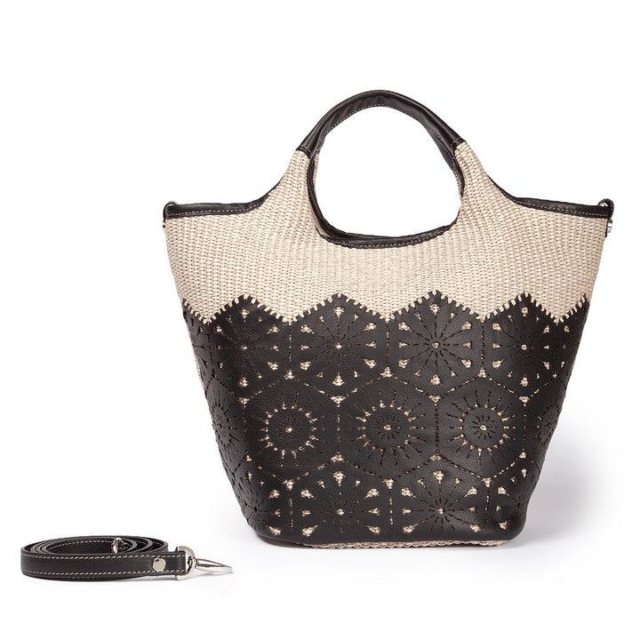 Roberta Gandolfi Giulia Handbag in rafia e pelle il pannello tagliato al laser è interamente cucito a mano con tracolla staccabile