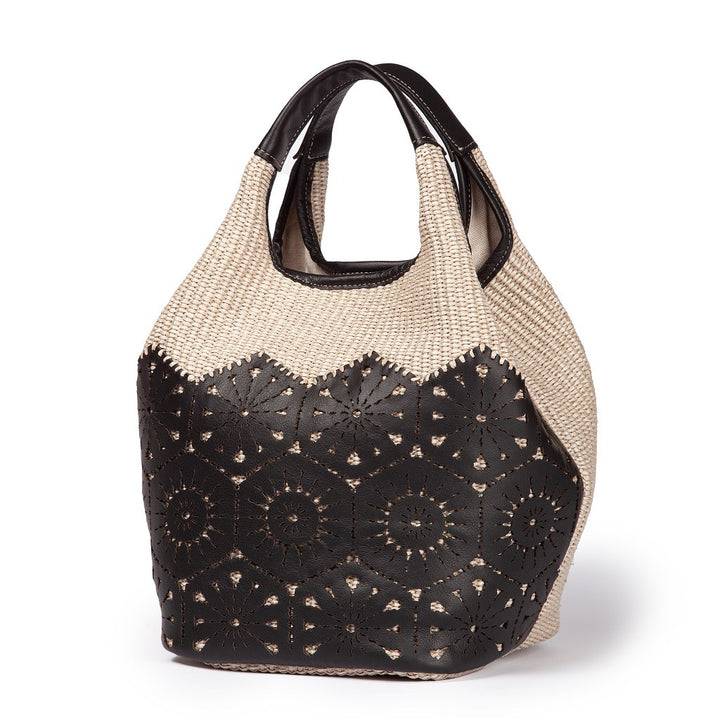 Roberta Gandolfi Giulia Handbag in rafia e pelle il pannello tagliato al laser è interamente cucito a mano con tracolla staccabile Saldi Di Fabbrica