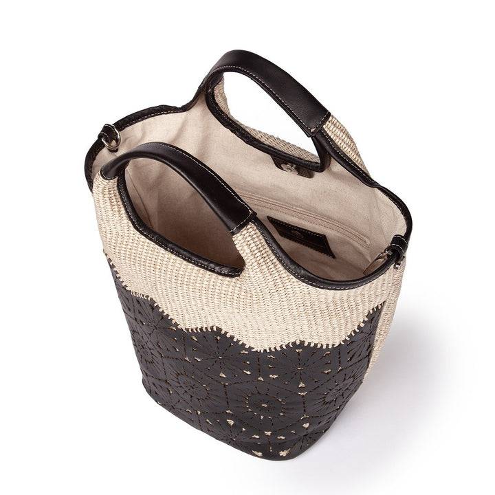 Roberta Gandolfi Giulia Handbag in rafia e pelle il pannello tagliato al laser è interamente cucito a mano con tracolla staccabile Saldi Di Fabbrica