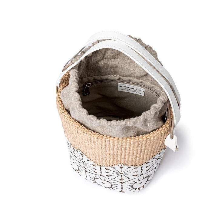 Roberta Gandolfi Giulia Bucket in rafia e pelle il pannello tagliato al laser è interamente cucito a mano con tracolla staccabile I Più Venduti
