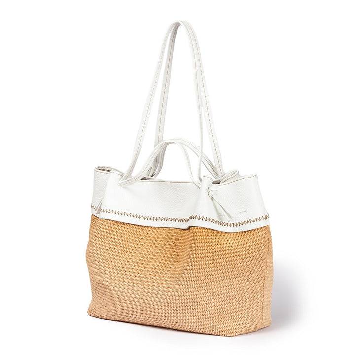 Roberta Gandolfi Ambra large borsa a mano o shopping in rafia e pelle martellata In Linea