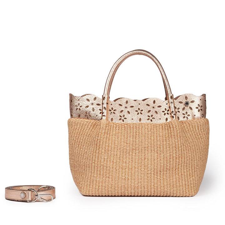 Roberta Gandolfi Diletta Handbag in rafia con balza in pelle laserata con tracolla staccabile