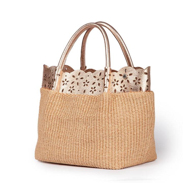Roberta Gandolfi Diletta Handbag in rafia con balza in pelle laserata con tracolla staccabile Acquista Ora