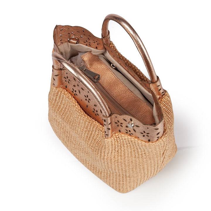 Roberta Gandolfi Diletta Handbag in rafia con balza in pelle laserata con tracolla staccabile Acquista Ora