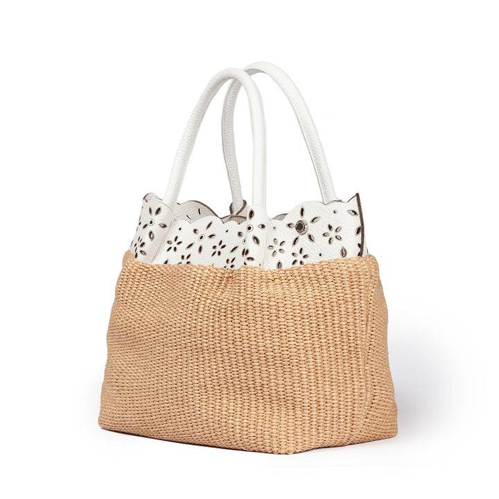 Roberta Gandolfi Diletta Handbag in rafia con balza in pelle laserata con tracolla staccabile Consegna Veloce