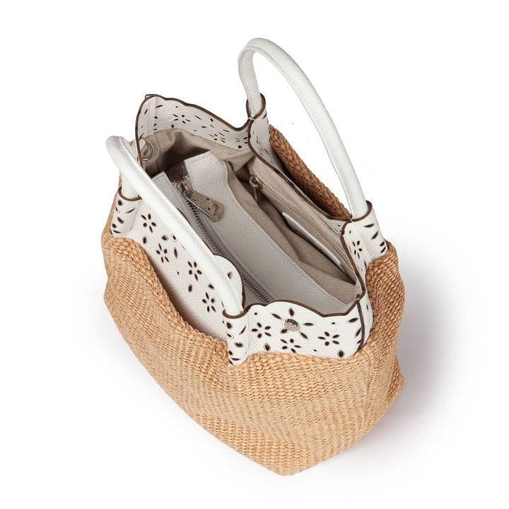 Roberta Gandolfi Diletta Handbag in rafia con balza in pelle laserata con tracolla staccabile Consegna Veloce