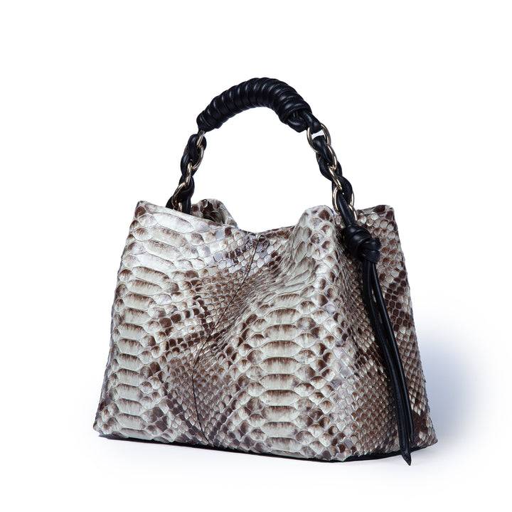 Roberta Gandolfi Amina Pitone small borsa a mano in pitone con finiture in pelle manico tubolare fasciato e tracolla staccabile Nuova