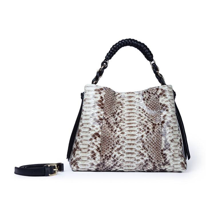 Roberta Gandolfi Amina Pitone large borsa a mano in pitone e finiture in pelle di vitello con manico tubolare fasciato e tracolla staccabile