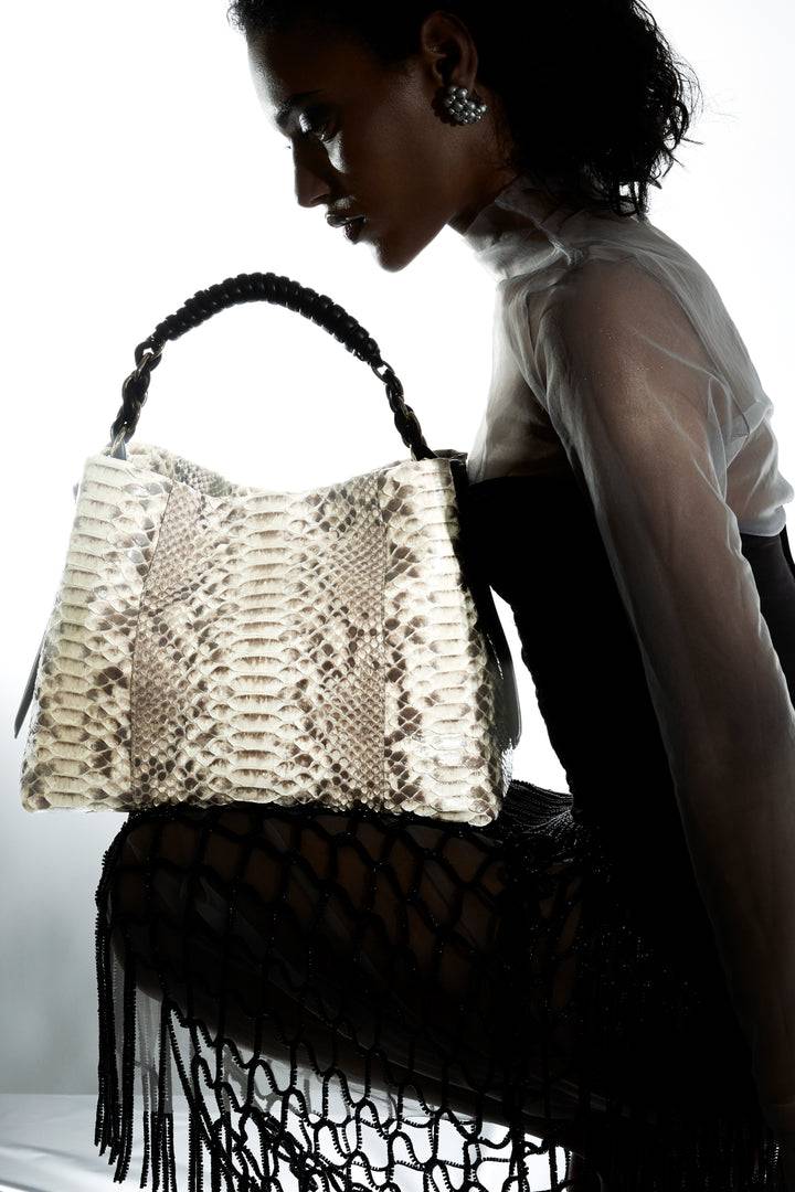 Roberta Gandolfi Amina Pitone large borsa a mano in pitone e finiture in pelle di vitello con manico tubolare fasciato e tracolla staccabile Moda