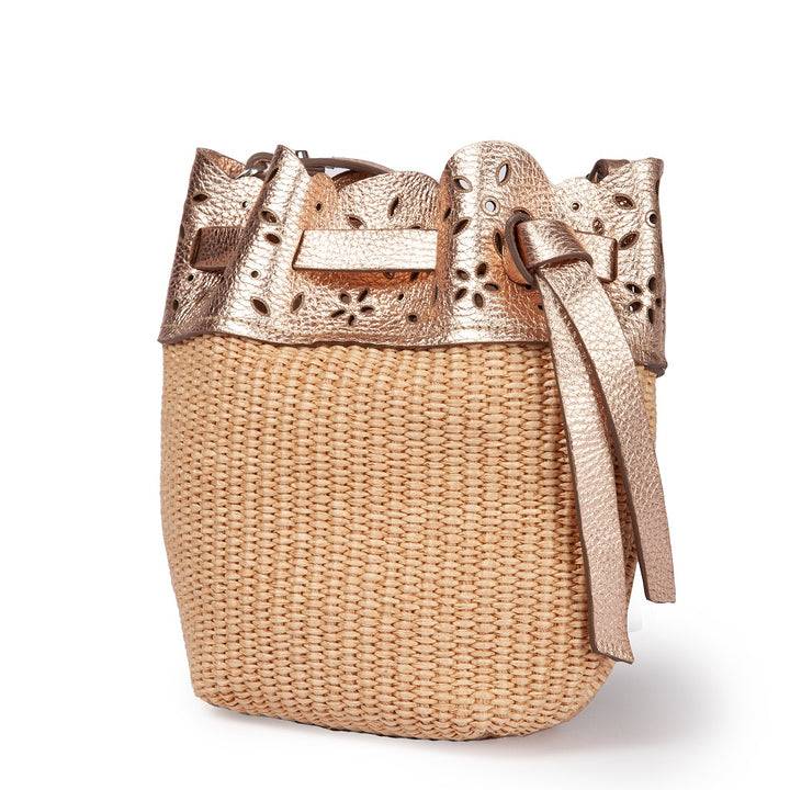 Roberta Gandolfi Diletta Mini Bucket in rafia con balza in pelle laserata con tracolla staccabile Italy