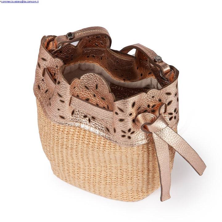 Roberta Gandolfi Diletta Mini Bucket in rafia con balza in pelle laserata con tracolla staccabile Italy
