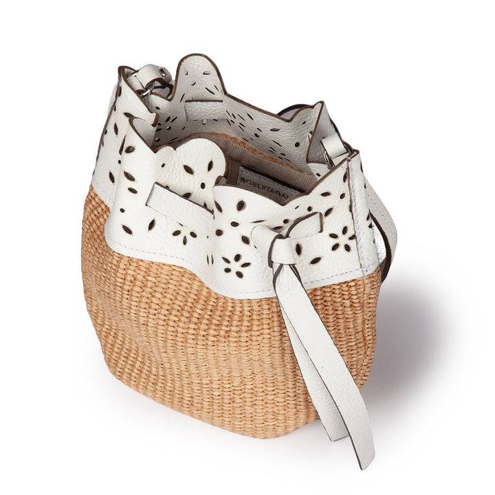 Roberta Gandolfi Diletta Mini Bucket in rafia con balza in pelle laserata con tracolla staccabile 2025