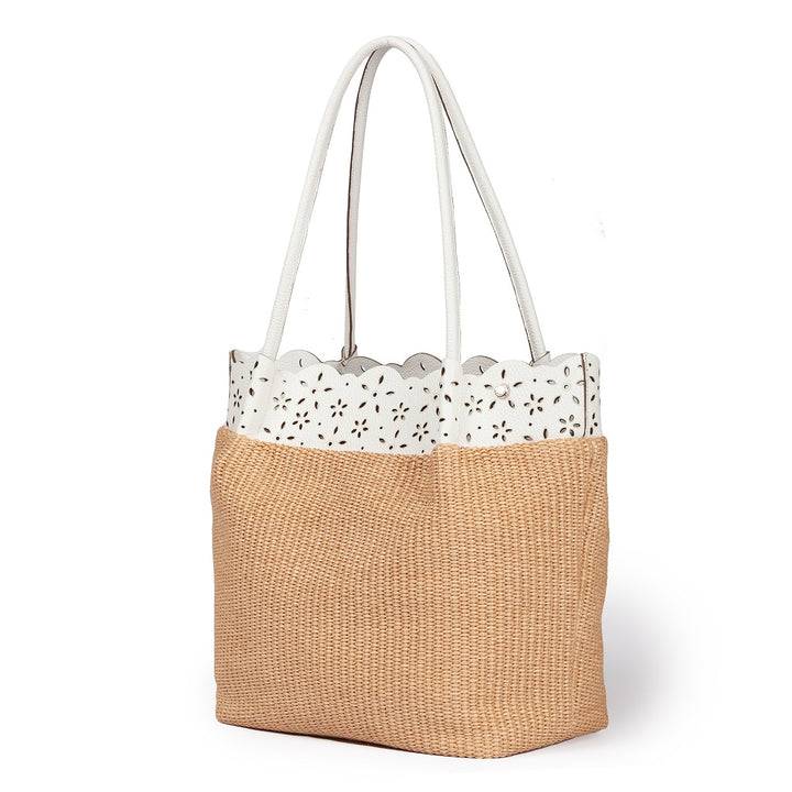 Roberta Gandolfi Diletta Shopping - Tote in rafia con balza in pelle laserata con tracolla staccabile In Linea