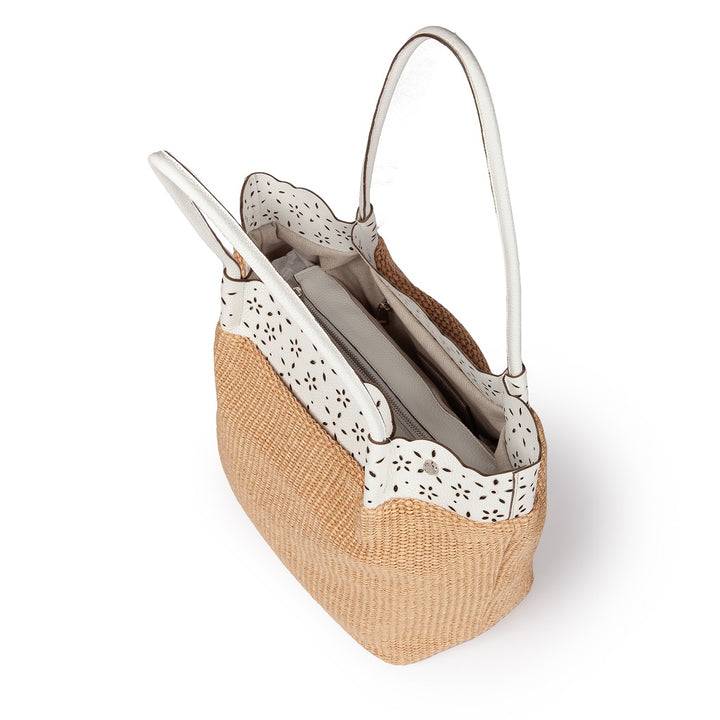 Roberta Gandolfi Diletta Shopping - Tote in rafia con balza in pelle laserata con tracolla staccabile In Linea