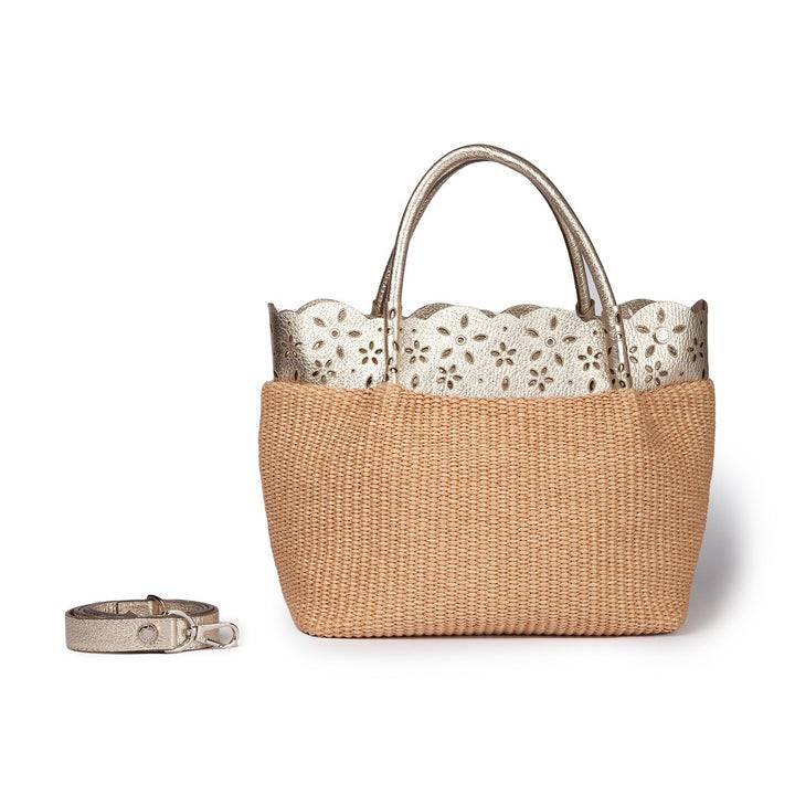 Roberta Gandolfi Diletta Handbag in rafia con balza in pelle laserata con tracolla staccabile