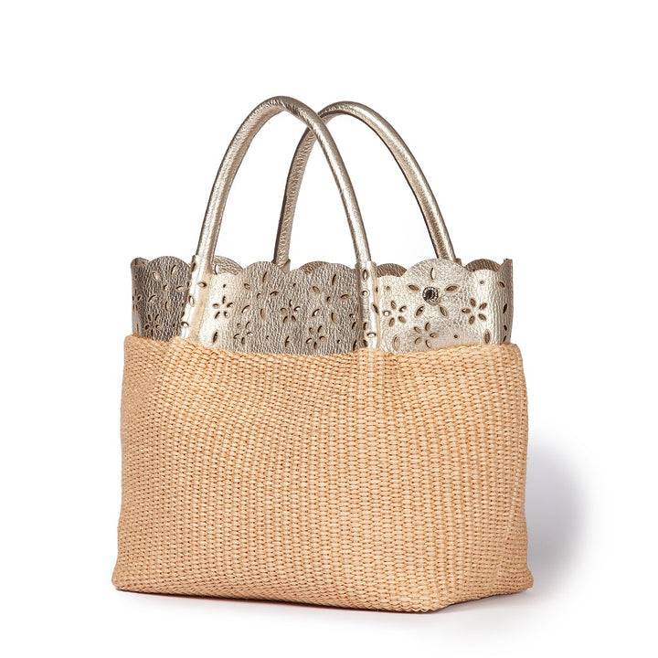 Roberta Gandolfi Diletta Handbag in rafia con balza in pelle laserata con tracolla staccabile Qualità