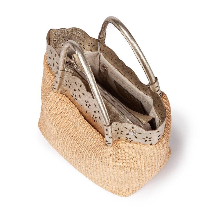 Roberta Gandolfi Diletta Handbag in rafia con balza in pelle laserata con tracolla staccabile Qualità