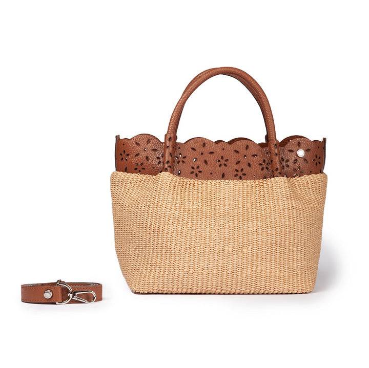 Roberta Gandolfi Diletta Handbag in rafia con balza in pelle laserata con tracolla staccabile