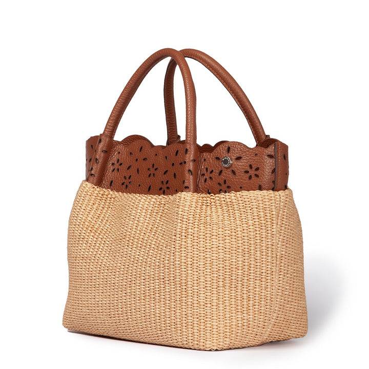 Roberta Gandolfi Diletta Handbag in rafia con balza in pelle laserata con tracolla staccabile Vendita