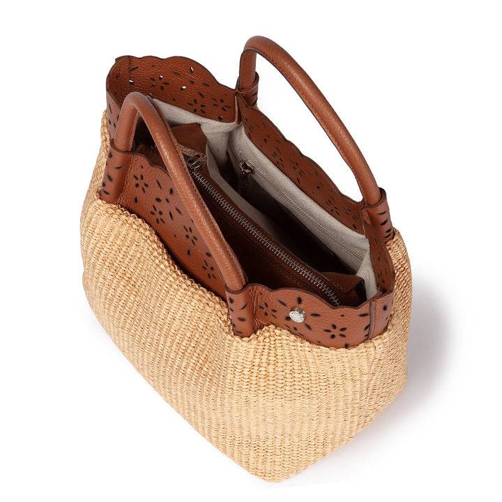 Roberta Gandolfi Diletta Handbag in rafia con balza in pelle laserata con tracolla staccabile Vendita