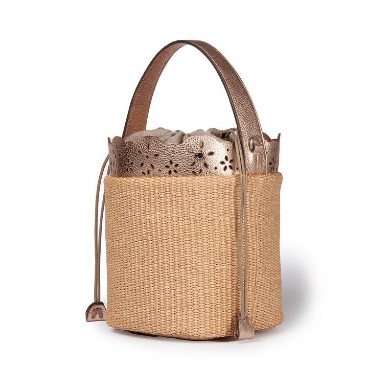 Roberta Gandolfi Diletta Bucket in rafia con balza in pelle laserata con tracolla staccabile Spedizione Gratuita