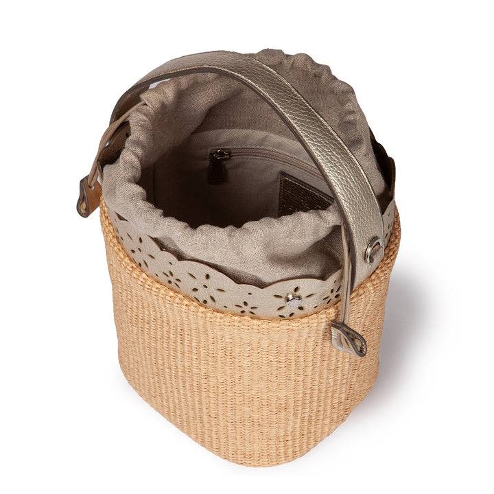 Roberta Gandolfi Diletta Bucket in rafia con balza in pelle laserata con tracolla staccabile Grande vendita